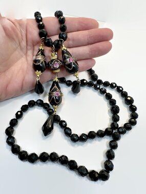 Vintage Beaded Necklace, Wedding Cake Beads, Black, Glass, Flapper, Opera Length